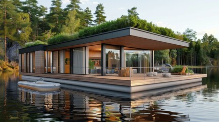 Fototapeta na wymiar Blueprint for a floating house on a lake AI generated illustration