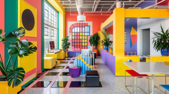 Bold colors in a Memphis-style office design  AI generated illustration
