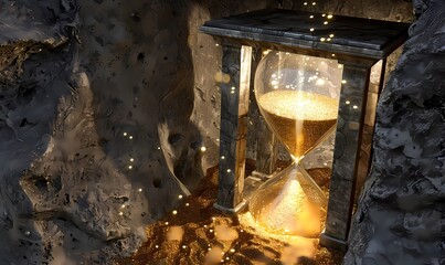 Magical hourglass with glowing sand in a mysterious cave setting