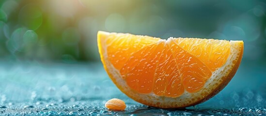 The Juicy Orange Slice Reveals its Delicate Seed on a Dewy Green Backdrop - obrazy, fototapety, plakaty