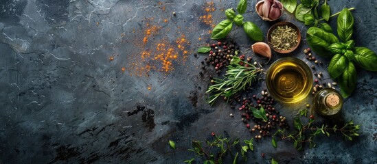 Assortment of herbs, spices, and olive oil on a rough, dark stone surface.