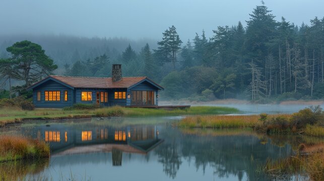   A small blue cabin sits atop a verdant field, adjacent to a serene lake and surrounded by a forest