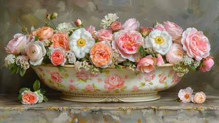   A painting of a large bowl filled with pink and white flowers, positioned next to a tiny wooden table accessory