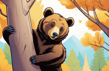 Brown bear climbed a tree in the forest