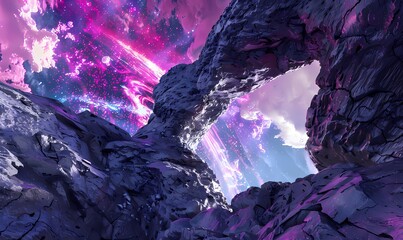Digital artwork showcasing a vibrant cosmic swirl seen through a natural stone arch