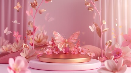 3d render of podium with butterfly and cherry blossom flower for product display