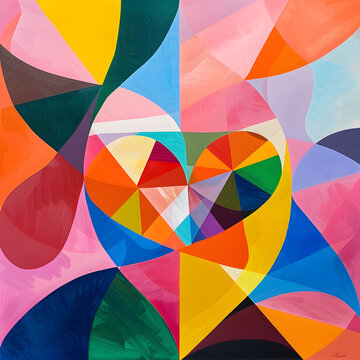 Abstract colorful painting with heart shape in middle.