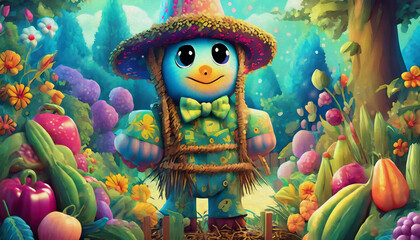 oil painting style cartoon character illustration Multicolored A close up on a scarecrow made out of hay attached with rope