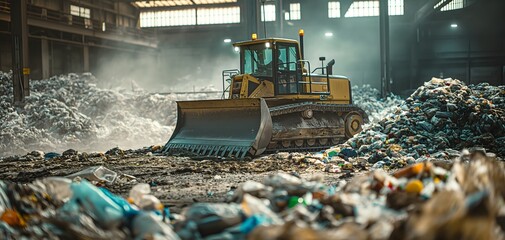 A bulldozer moving mountains of garbage in the waste management facility