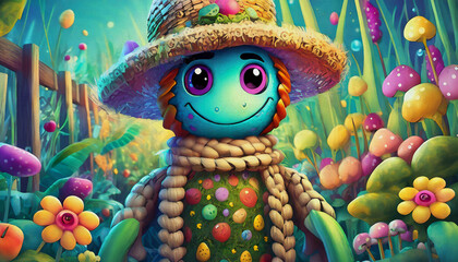 oil painting style cartoon character illustration Multicolored A close up on a scarecrow made out of hay attached with rope - obrazy, fototapety, plakaty
