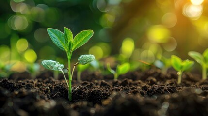 Closeup View of a Lush Green Sprouting Seedling Emerging from the Soil Representing Sustainable Growth and New Beginnings in Nature - obrazy, fototapety, plakaty