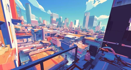 Foto op Canvas Anime Style Painting 80s City Environment Elements Wallpaper Background © Tejay
