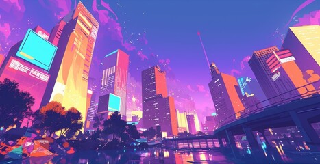 Anime Style Painting 80s City Environment Elements Wallpaper Background - obrazy, fototapety, plakaty