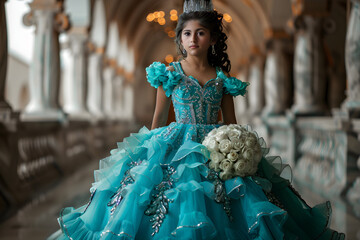 Elegant Quinceanera Celebratory Gown Displaying a Combination of Radiance and High-fashion Style