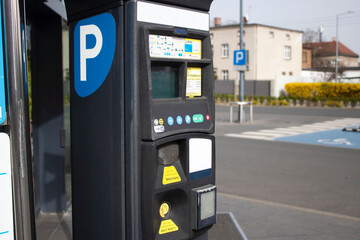 Parking machine on a city street. Car parking payment system