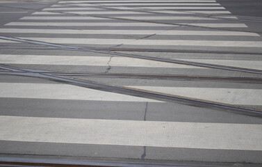 City tram tracks close-up in the city of Poznan, Poland