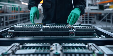 electric vehicle battery being disassembled in the style of engineers wearing green gloves and working in a factory setting