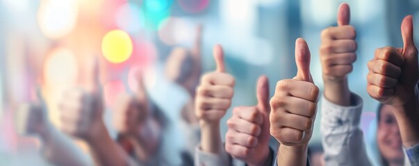 A lot of Hands showing the thumbs up concept, space for text, bright, blurred and glass concept