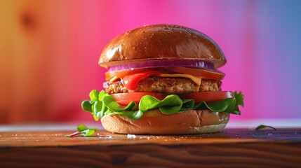 Vibrant Tofu Burger with Flavorful Toppings Set Against Gradient Backdrop for Captivating Brand Presence and Messaging