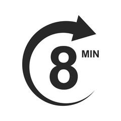 8 min countdown sign. Eight minutes icon with circle arrow. Stopwatch symbol. Sport or cooking timer isolated on white background. Delivery, deadline, duration pictogram. Vector graphic illustration.