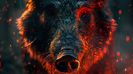 A portrait of a wild boar in low lighting with rugged outlines and the animal's distinctive features. Wild boar under an aura of mystery and intrigue. - obrazy, fototapety, plakaty
