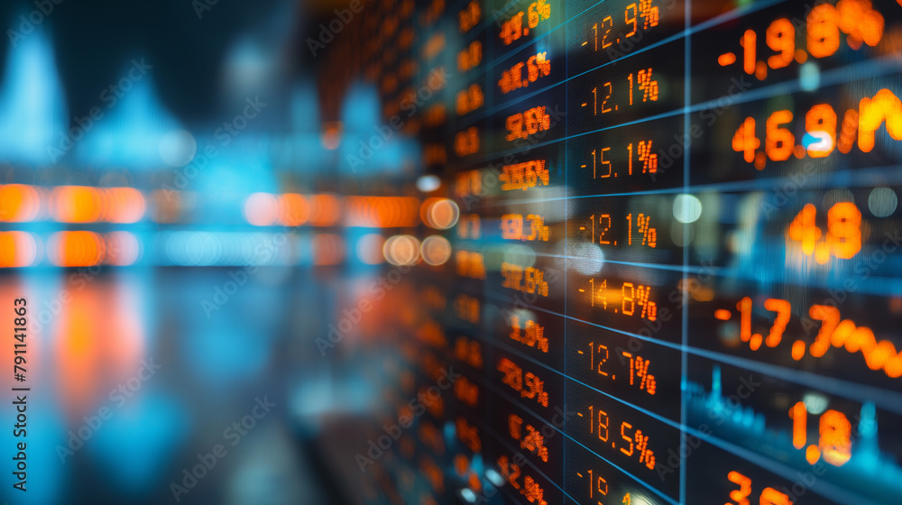 Wall mural stock market data. table of digital data displayed on large screen with lights and blurred backgroun