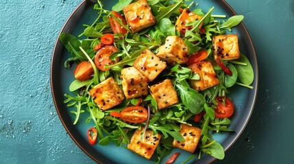 Vibrant Tofu Salad with Gradient Backdrop for Branding and Product Placement