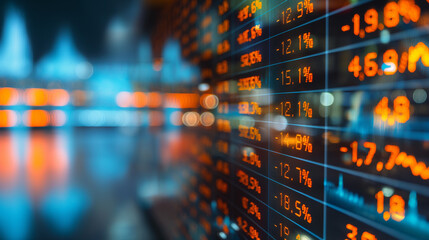 Stock market data. Table of digital data displayed on large screen with lights and blurred background