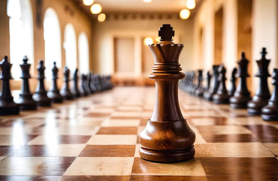 Large chess pieces against the backdrop of a large hall