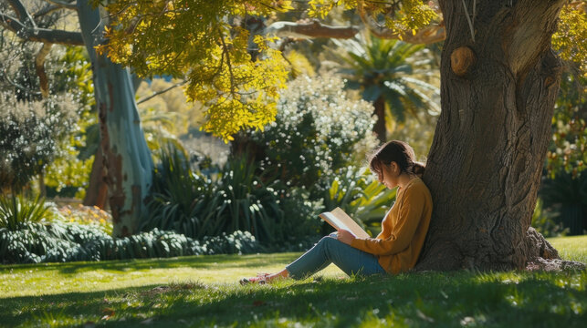 A woman is seated underneath a tree, engrossed in a book she is reading