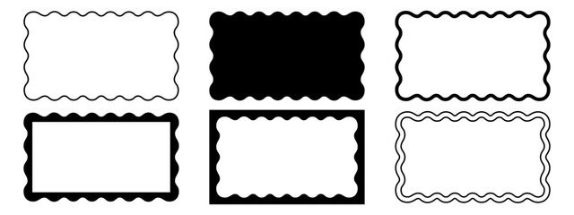Set of different rectangle frames with wavy edges. Cute rectangular shapes with undulated borders. Empty text boxes, stamps, tags or labels isolated on white background. Vector graphic illustration.