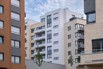 typical apartment district in Prague showcases modern insulated buildings, architectural comfortable living spaces for residents.