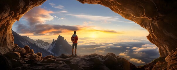 Adventurous Man Hiker standing in a cave with rocky mountains in background, sunset