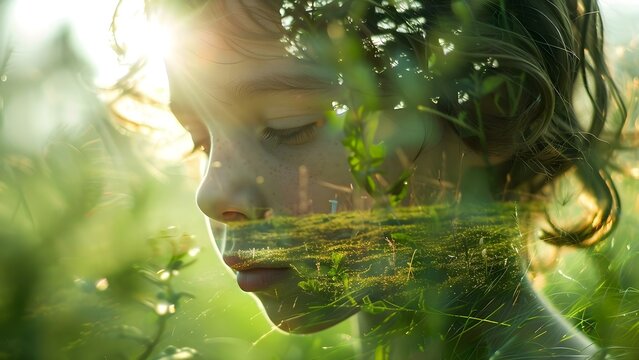 Double exposure closeup of a sad boy with a green field to symbolize the impact of climate change. Concept Climate Change, Double Exposure, Symbolism, Sad Boy, Green Field