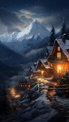 Mountain village at night. Panoramic view. Winter landscape.