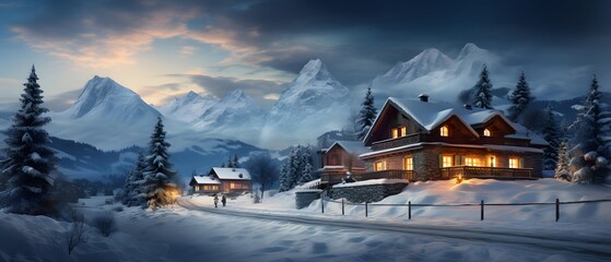 Panoramic view of winter alpine village in snowy mountains.