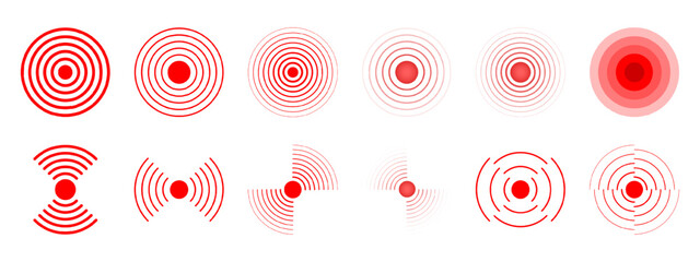 Pain localization icons. Red concentric circles. Sore or inflammation symbols. Pulse or headache signs. Shockwave, radar or sound signal pictograms isolated on white background. Vector illustration.