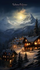 Winter night in the mountains. Snowy village. Vector illustration.