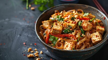 Captivating Tofu Pad Thai with Vibrant Background Gradient Offering Copyspace for Recipe Tips