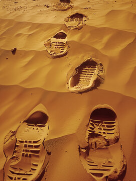 Les empreintes de pas des astronautes dans le sol sablonneux de Mars.
