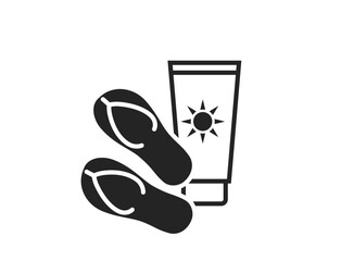 sea vacation icon. beach flip flops and sunscreen. summer resort symbol. isolated vector image for tourism design - obrazy, fototapety, plakaty