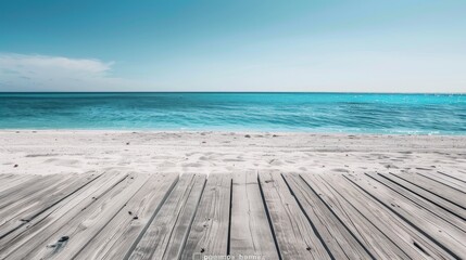 Fototapeta premium Serene beachscape with sparkling turquoise ocean and wooden deck, perfect for relaxation and summer getaways
