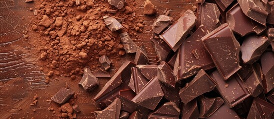 Wooden background with shattered chocolate pieces and cocoa powder