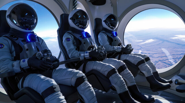 Three astronauts in spacesuits are seated in a high-tech space station, engaged in various activities - Powered by Adobe