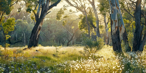 Gum trees and native plants growing in Australia in spring.