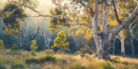 Gum trees and native plants growing in Australia in spring.