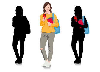 Young female student using smartphone dressed in loose sweater and jeans. Woman with books looking to her phone. Smiling girl with backpack in casual cloth. Vector illustration isolated on white