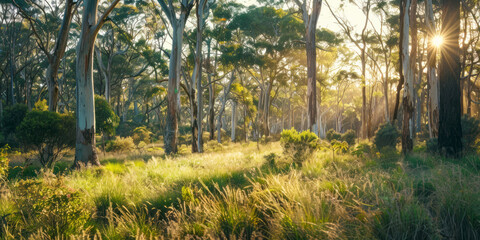 Gum trees and native plants growing in Australia in spring.