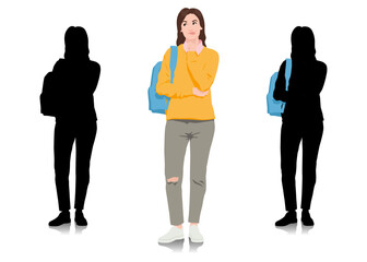 Fototapeta premium Female student with thoughtful expression dressed in a loose sweater and jeans. Smiling girl with a backpack. Young woman in casual clothing. Vector illustration set isolated on white
