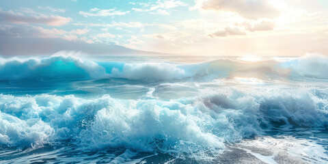 Incredible foamy sea waves. Volcanic hills in the background.